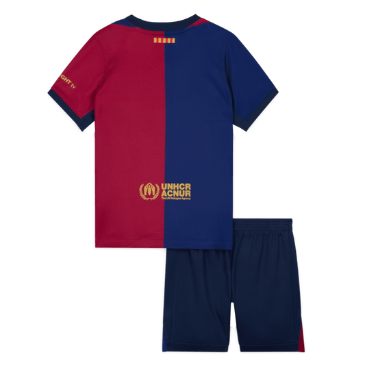 Kit de fútbol local del Barcelona x Travis Scott para niños (camiseta y pantalón corto) 2024/25, rojo y azul
