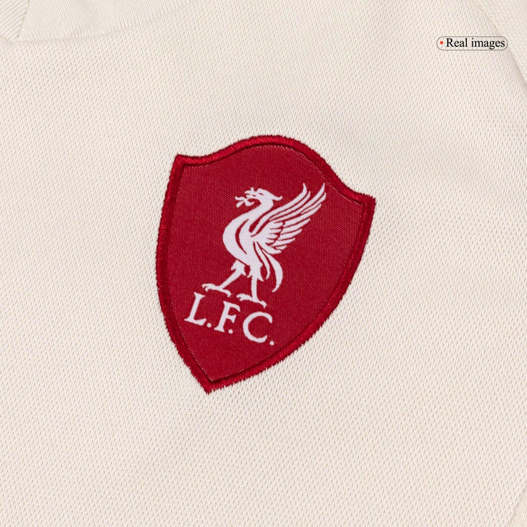 Kit de fútbol visitante del Liverpool para niño (camiseta, pantalón corto y calcetines), talla 25/26, color blanco