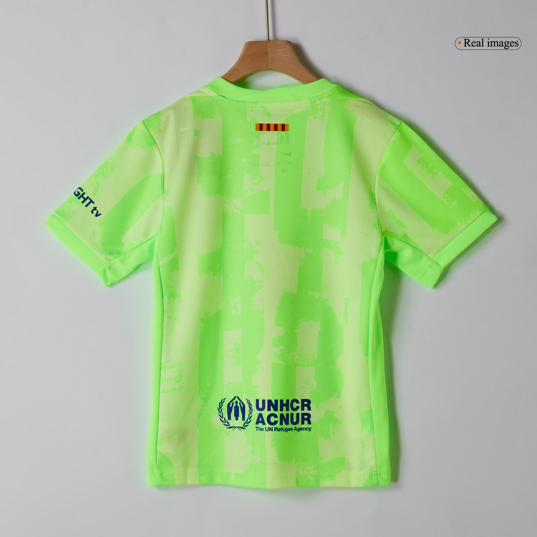 Kit de fútbol infantil de visitante del Barcelona (camiseta y pantalón corto) 2024/25 - UCL (logotipo de Spotify sin texto)