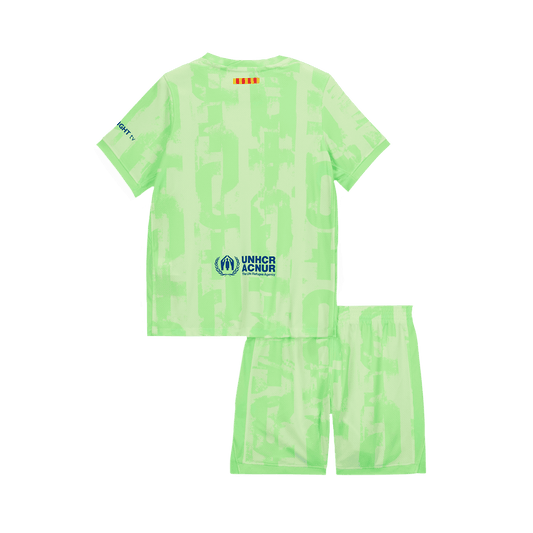 Kit de fútbol infantil de visitante del Barcelona (camiseta y pantalón corto) 2024/25 - UCL (logotipo de Spotify sin texto)