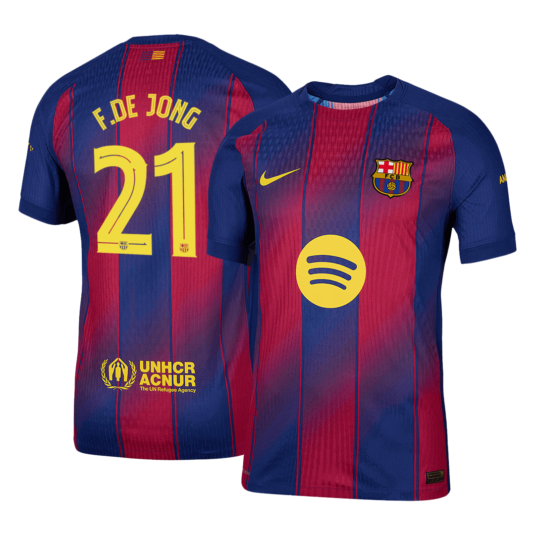 Camiseta de fútbol local auténtica de F.DE JONG #21 del Barcelona 2025/26, roja y azul - UCL