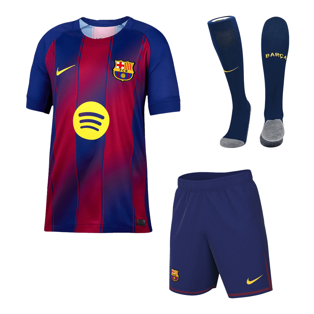 Kit de fútbol local del Barcelona para niños (camiseta, pantalón corto y calcetines) 2025/26 (rojo y azul)