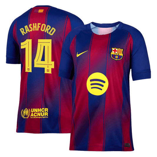 Camiseta de fútbol local del Barcelona 2025/26, RASHFORD #14, rojo y azul - UCL