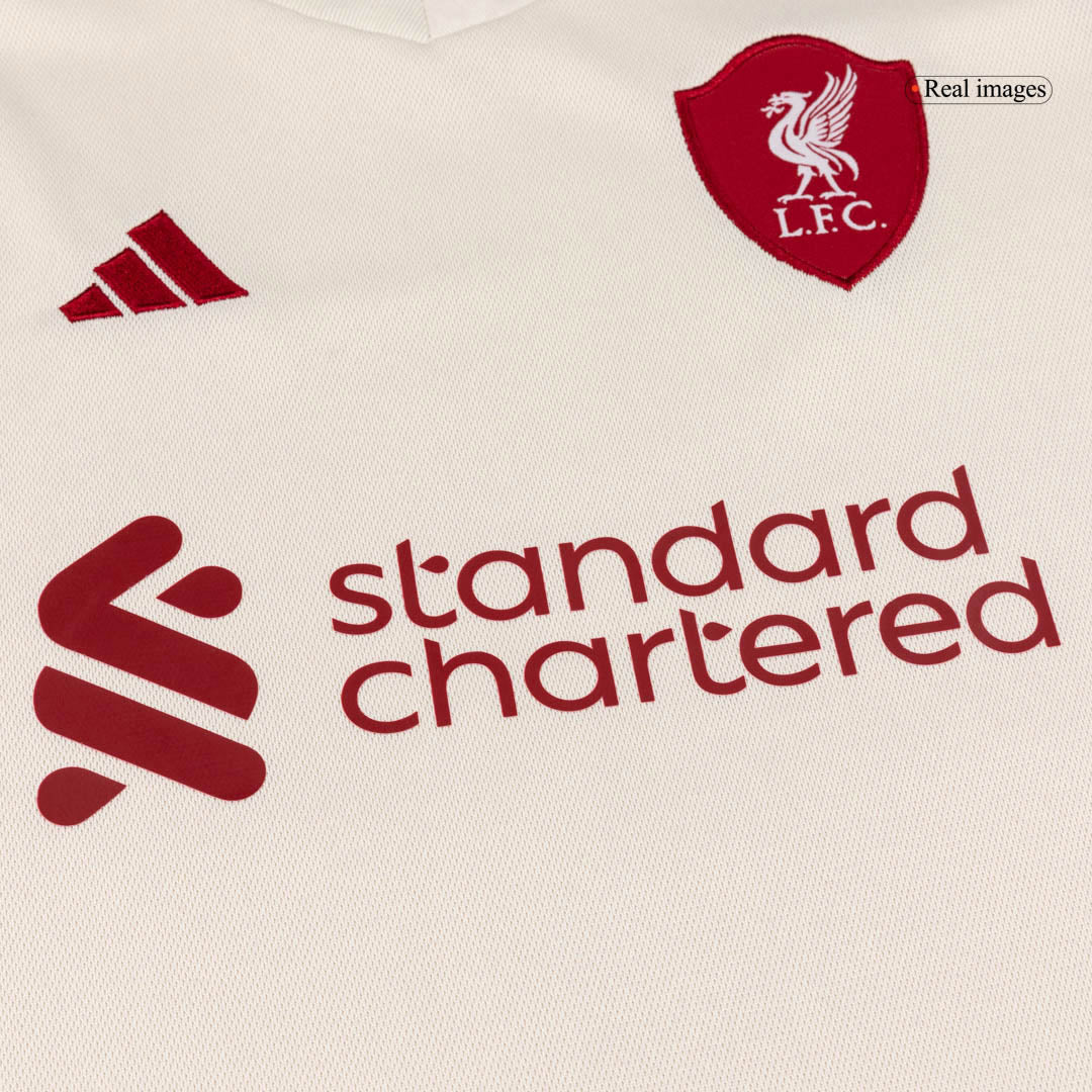 Kit de fútbol visitante del Liverpool para niño (camiseta, pantalón corto y calcetines), talla 25/26, color blanco