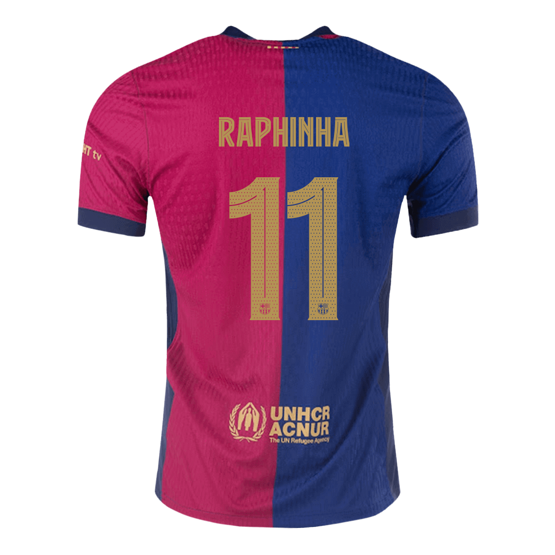 Camiseta de fútbol local auténtica del Barcelona 2024/25 RAPHINHA #11, roja y azul - UCL