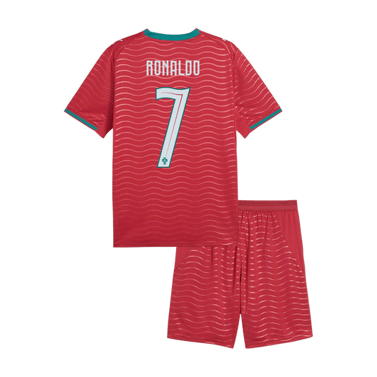 Conjunto infantil de camiseta y pantalón corto de la selección de Portugal de Ronaldo #7 para niños, Mundial 2026, color rojo.