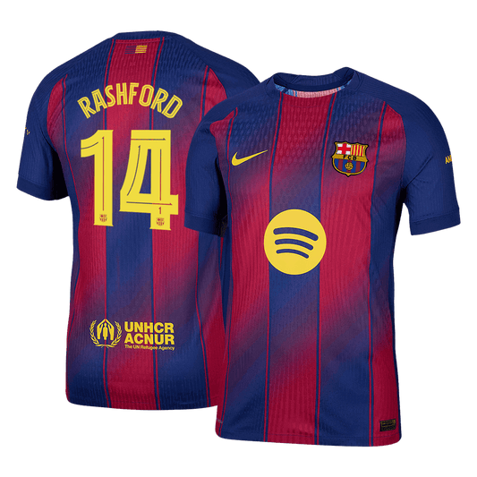 Camiseta de fútbol local auténtica del Barcelona 2025/26, RASHFORD #14, roja y azul - UCL