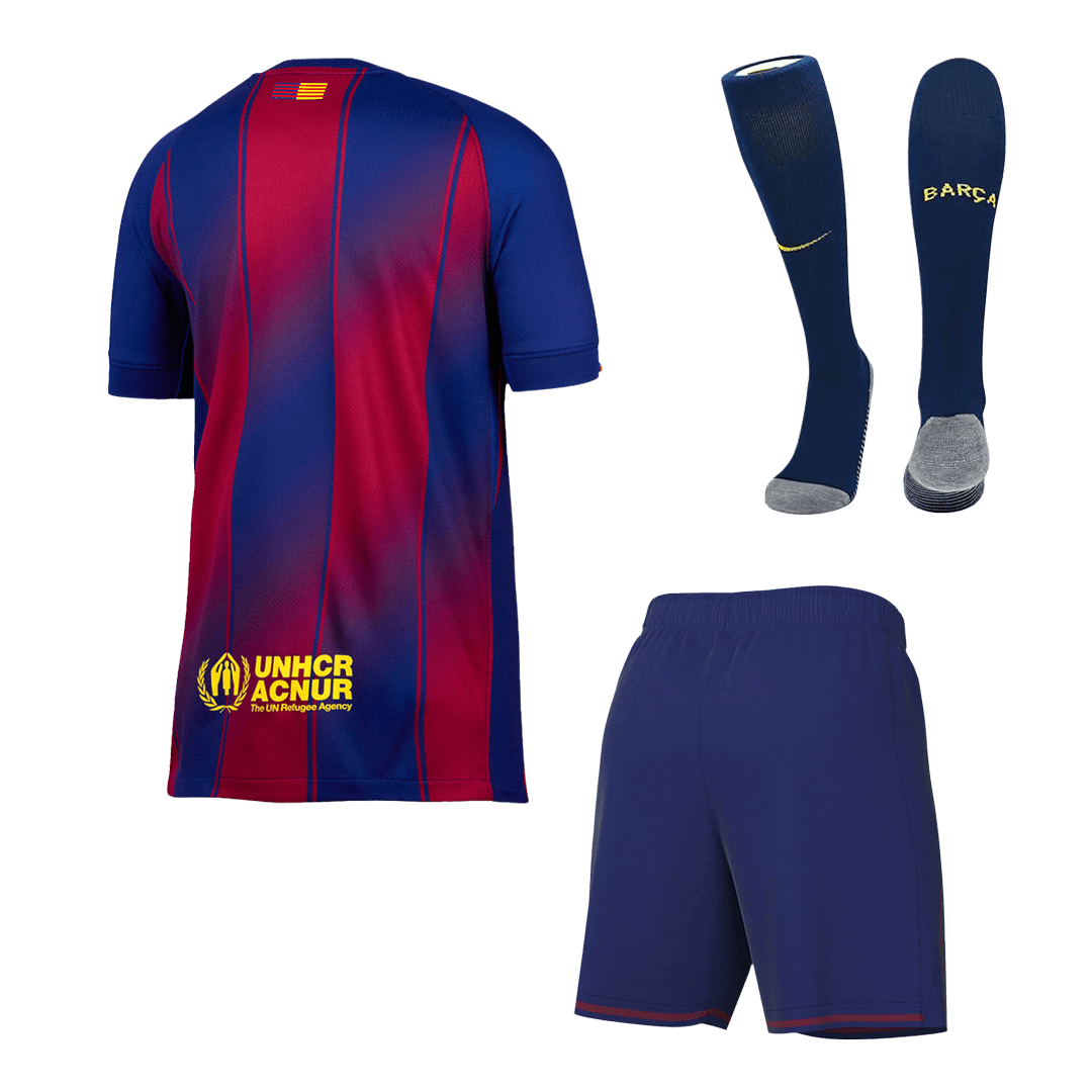 Kit de fútbol local del Barcelona (Kit, pantalón corto y medias) 2025/26, rojo y azul