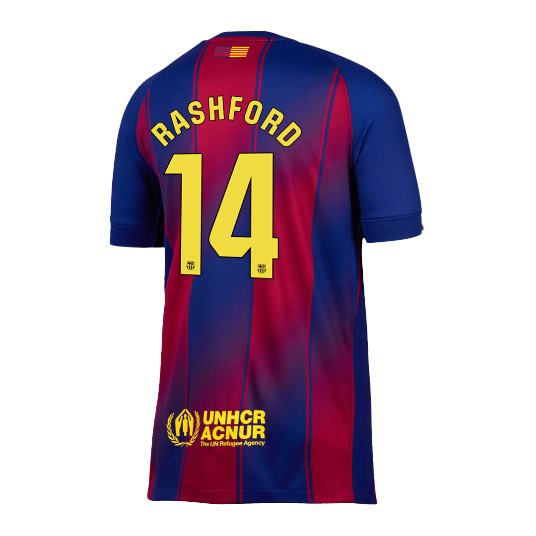 Camiseta de fútbol local del Barcelona RASHFORD #14 2025/26, roja y azul