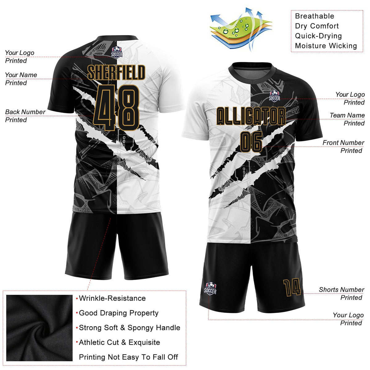 Custom Graffiti Pattern Black-Old Gold Scratch Sublimation Soccer Uniform Jersey