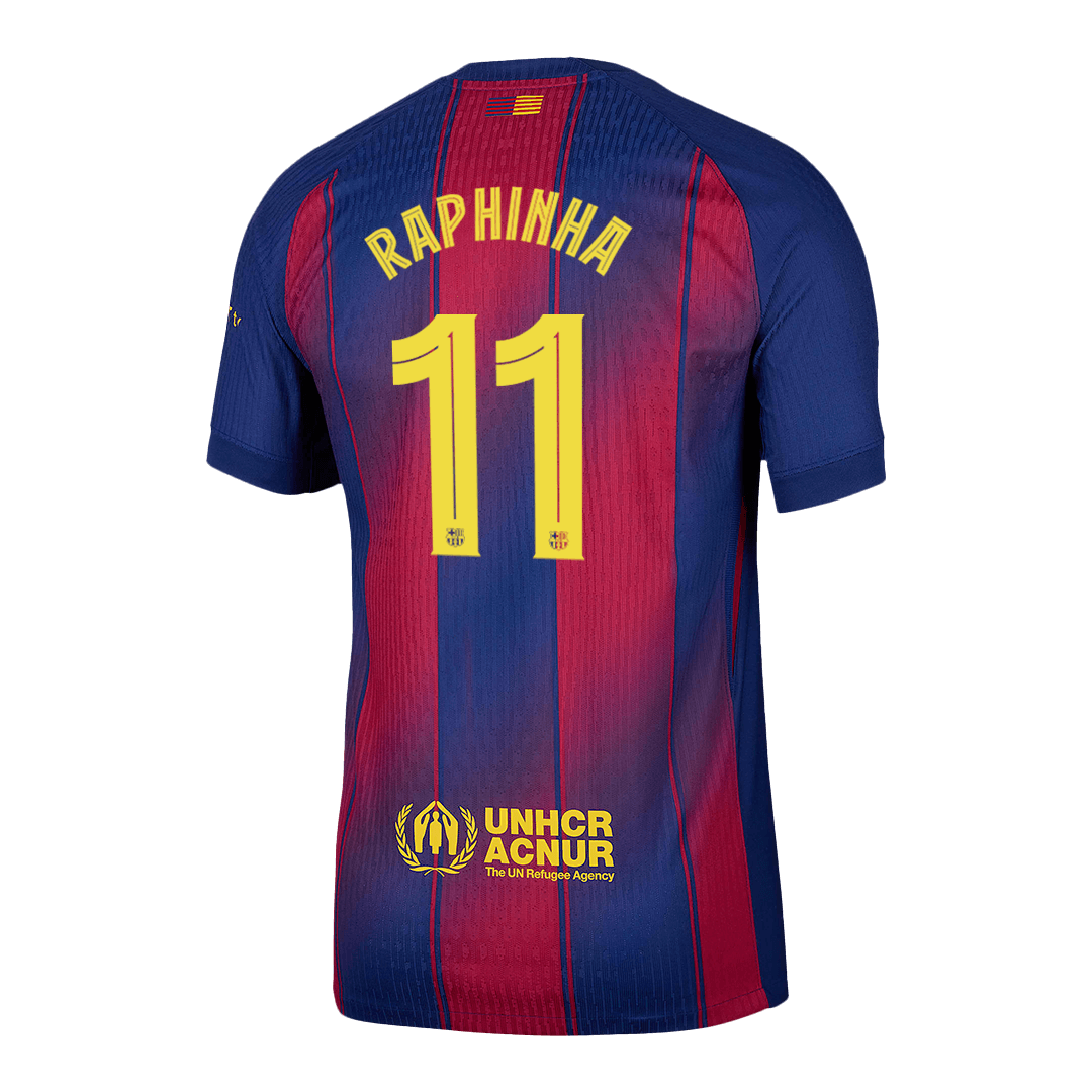 Camiseta de fútbol local auténtica de Raphinha #11 del Barcelona 2025/26, roja y azul - UCL