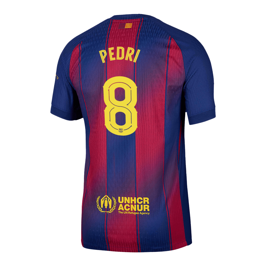 Camiseta de fútbol local auténtica del Barcelona PEDRI #8 2025/26, roja y azul - UCL