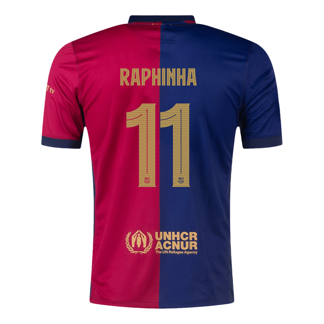 Camiseta de fútbol local del Barcelona RAPHINHA #11 2024/25, roja y azul - UCL