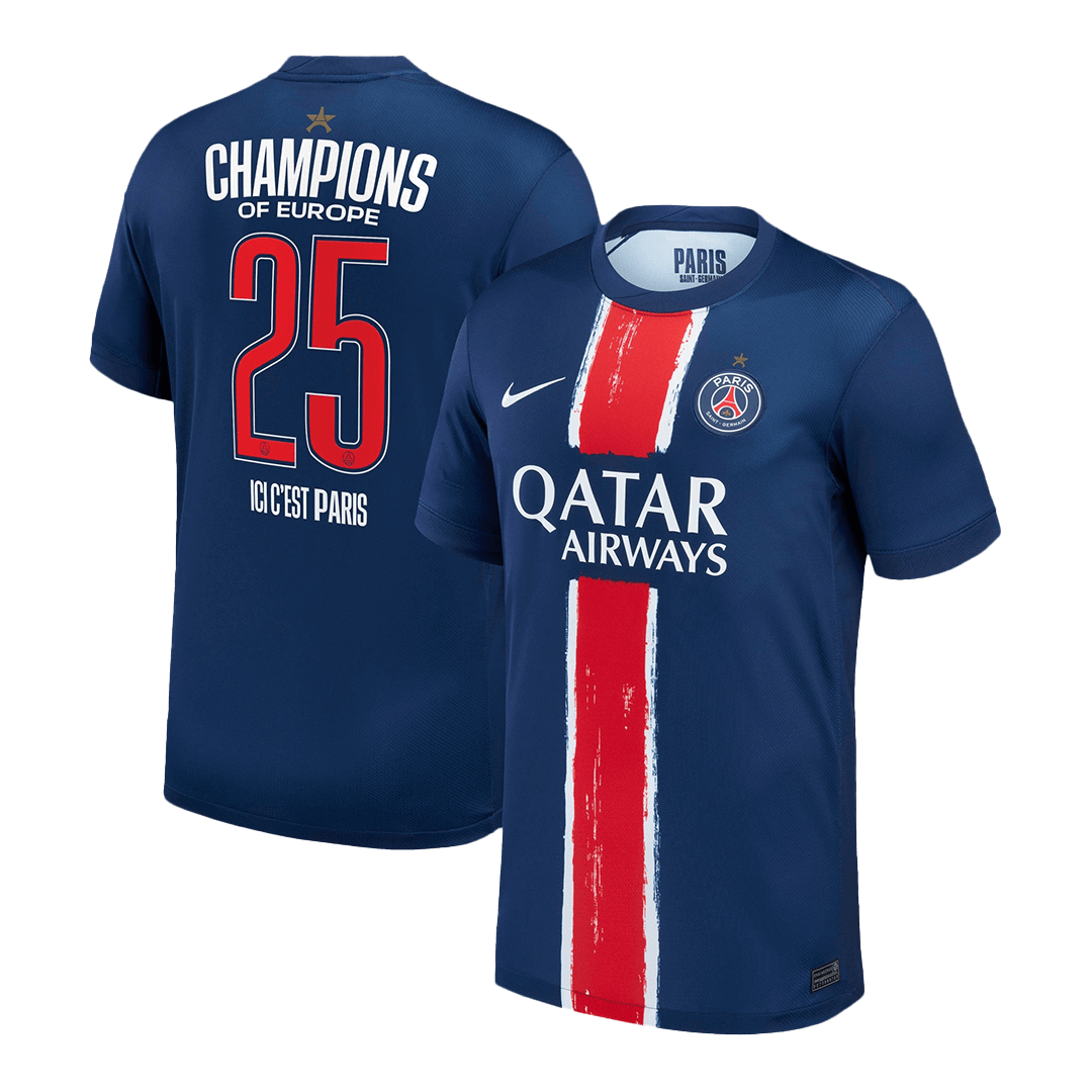 Camiseta de fútbol local del PSG #25 2024/25 azul marino - CAMPEONES DE EUROPA