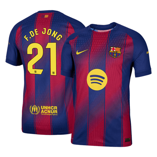 Camiseta de fútbol local del Barcelona 2025/26, auténtica, F.DE JONG #21, roja y azul
