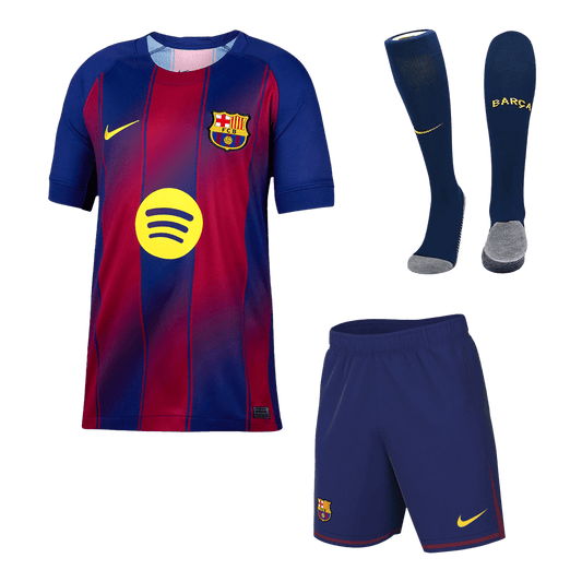 Kit de fútbol local del Barcelona (Kit, pantalón corto y medias) 2025/26, rojo y azul