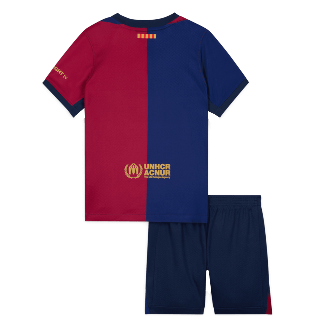 Kit de fútbol local del Barcelona x Travis Scott para niños (camiseta y pantalón corto) 2024/25, rojo y azul